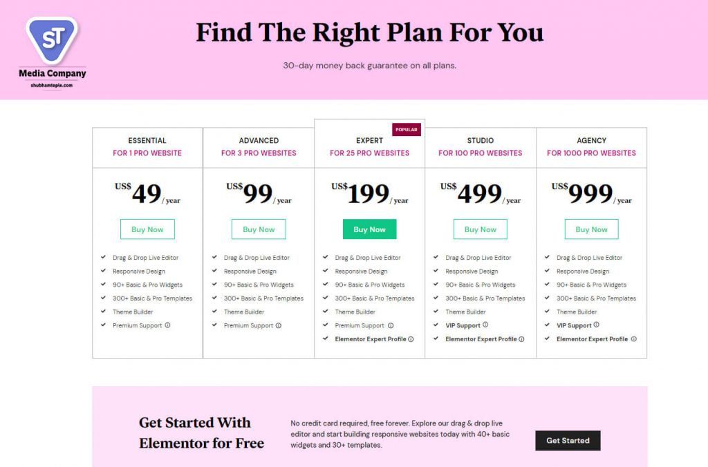 pricings for elementor pro